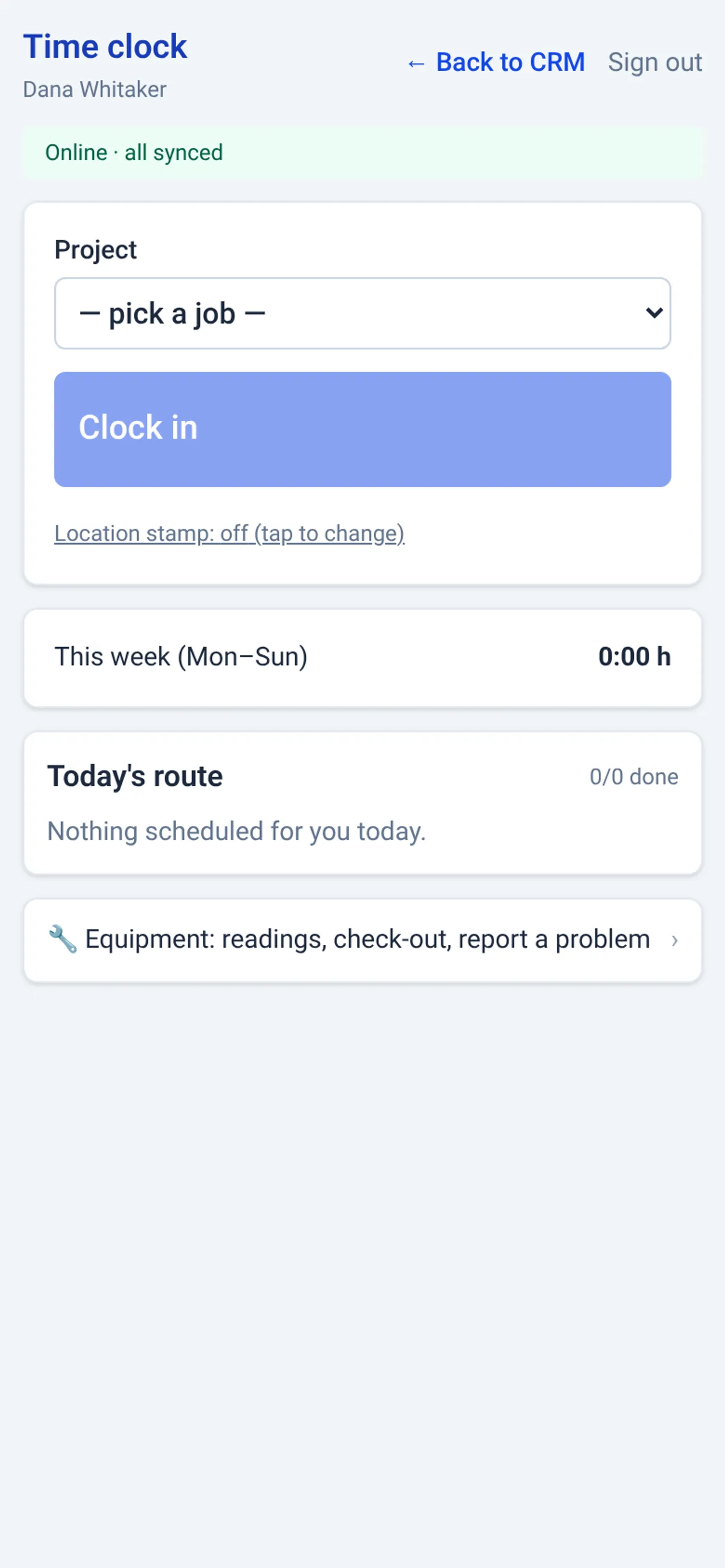 Field tech time clock on a phone